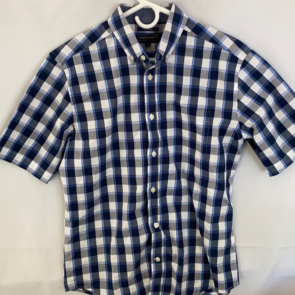 Mason James Stretch Checkered Blue and White Mens Buttoned Dress Shirt